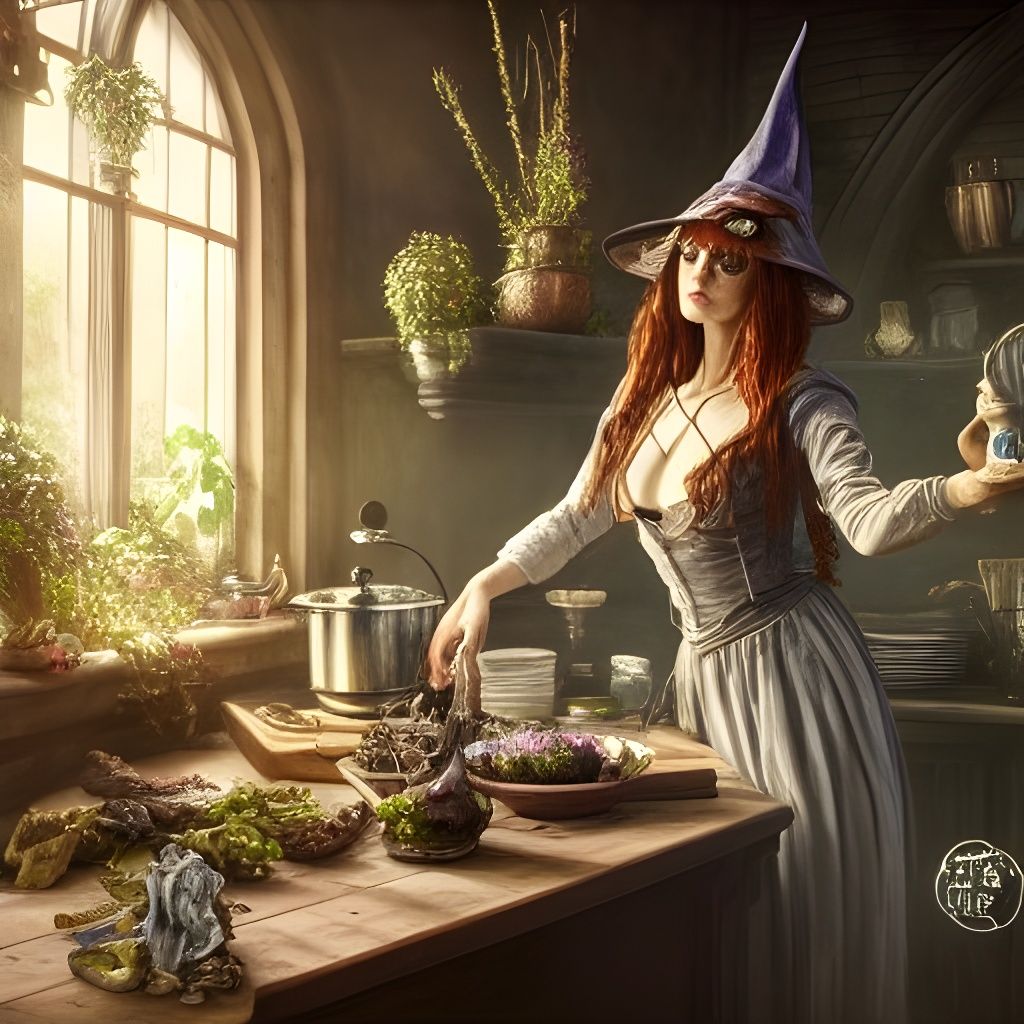 Enchanting Witch in a Lavish Rococo Kitchen