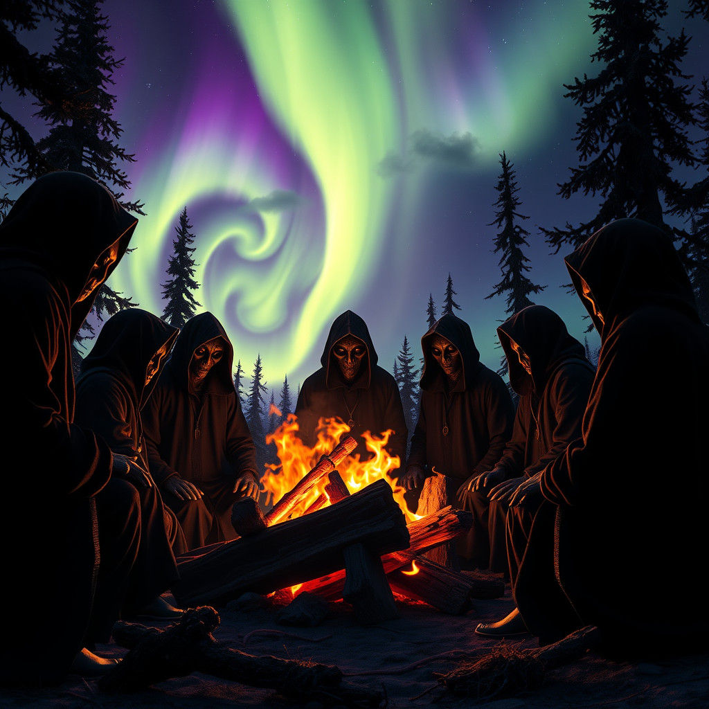 Alien Seance Under Aurora Borealis in Dark Fantasy Style