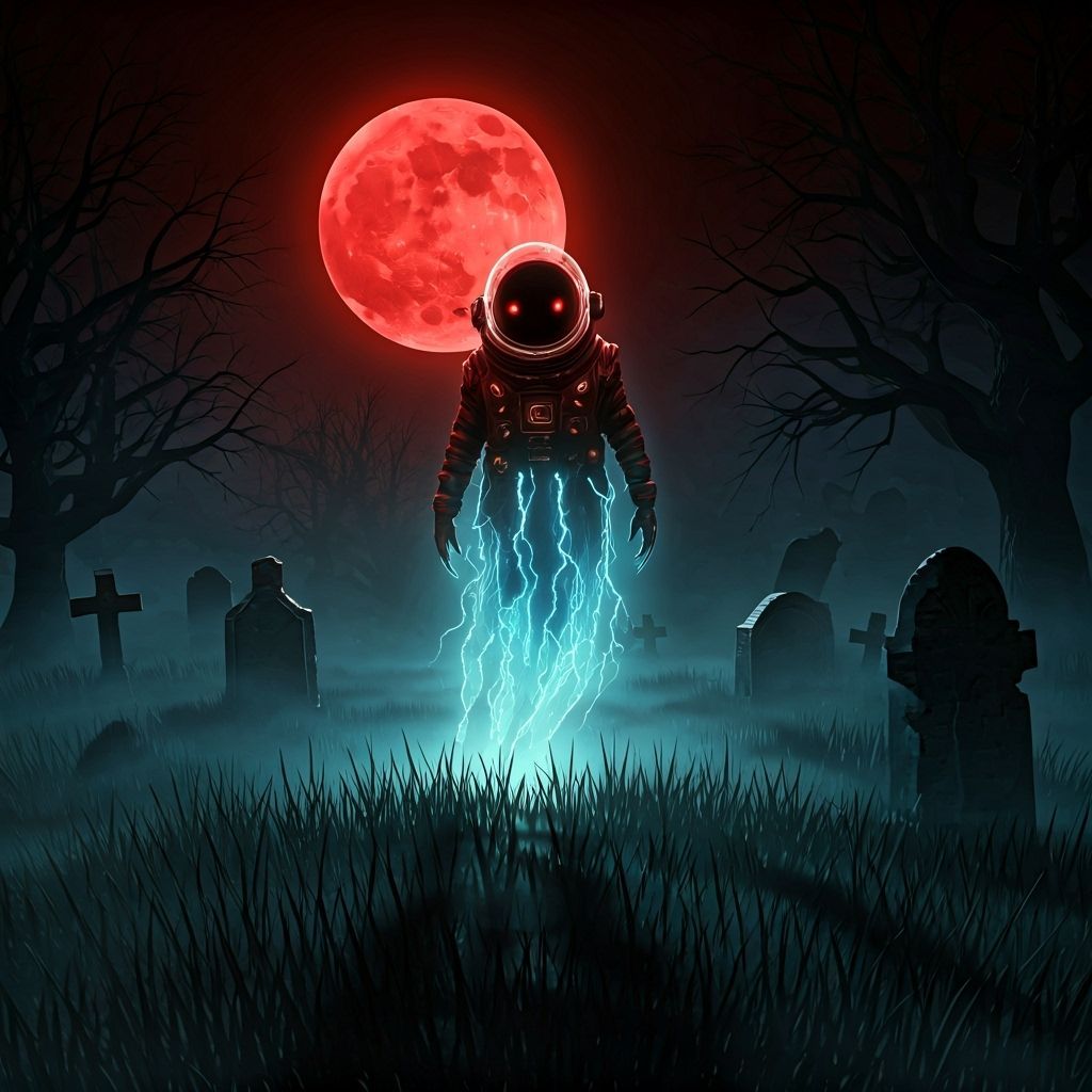 Space Ghost Haunts Graveyard Under Blood Moon