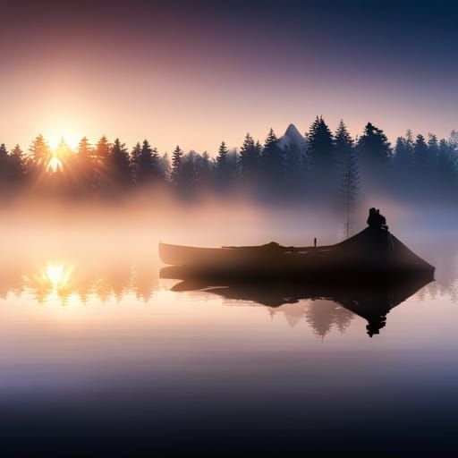 Ethereal Foggy Lake Scene with Wizard