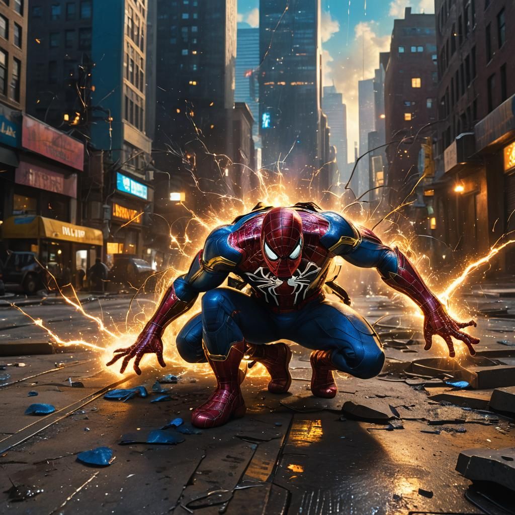 Spiderman Crawls to Safety in a Blazing Storm of Electro's F...