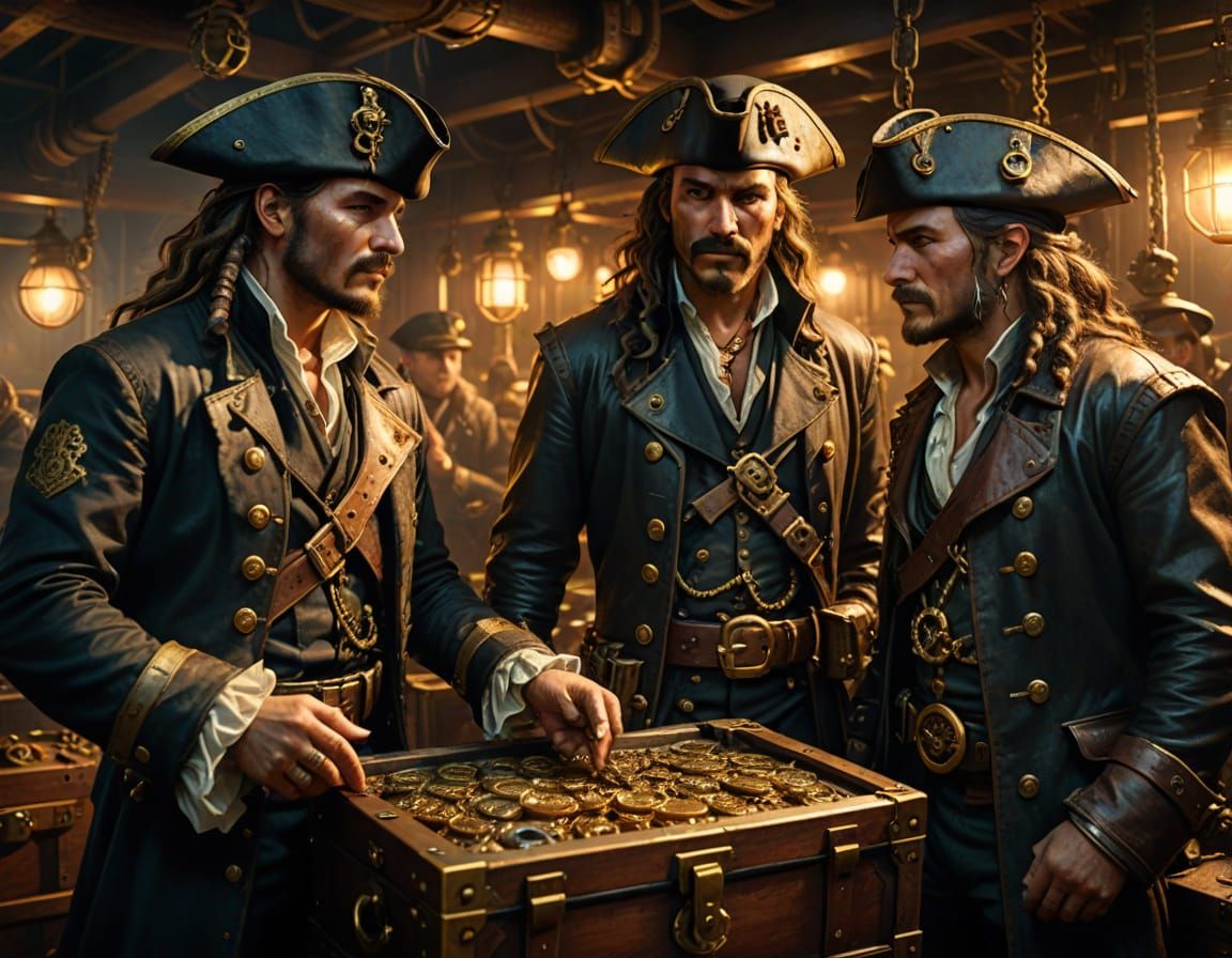 Steampunk Pirate Captain Shares Treasure on Ship