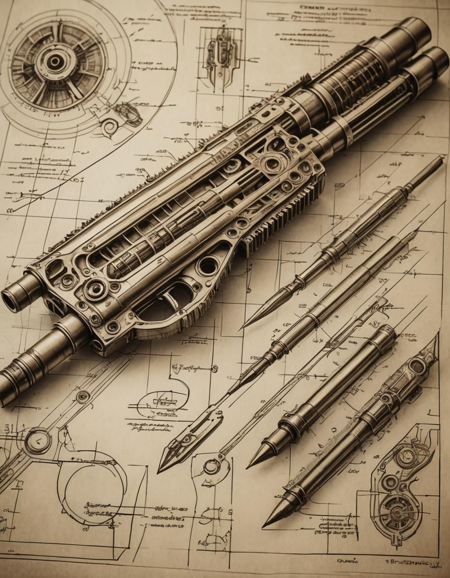 Otherworldly Arsenal Engineering Blueprint in Sepia Tones