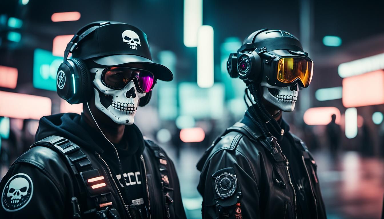 Cyberpunk Warrior in Dark Tech Wear with Skull Logo Visor