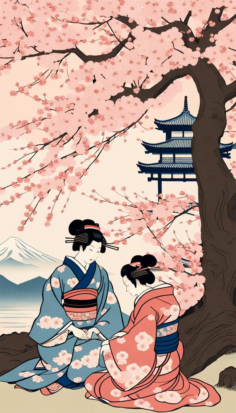 Traditional Japanese Ukiyo-e Artwork of Geisha and Samurai U...