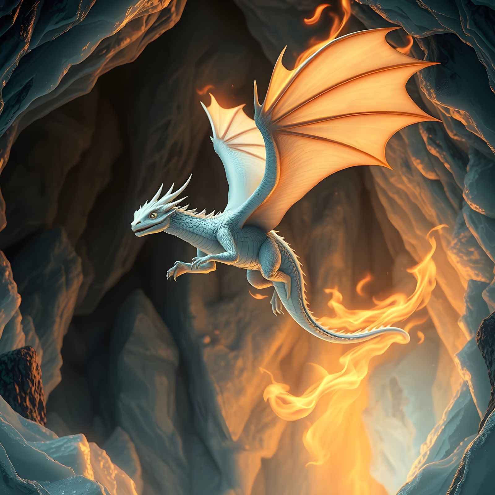 Dragon Emerges from Icy Cave in Vibrant, Soft Lighting