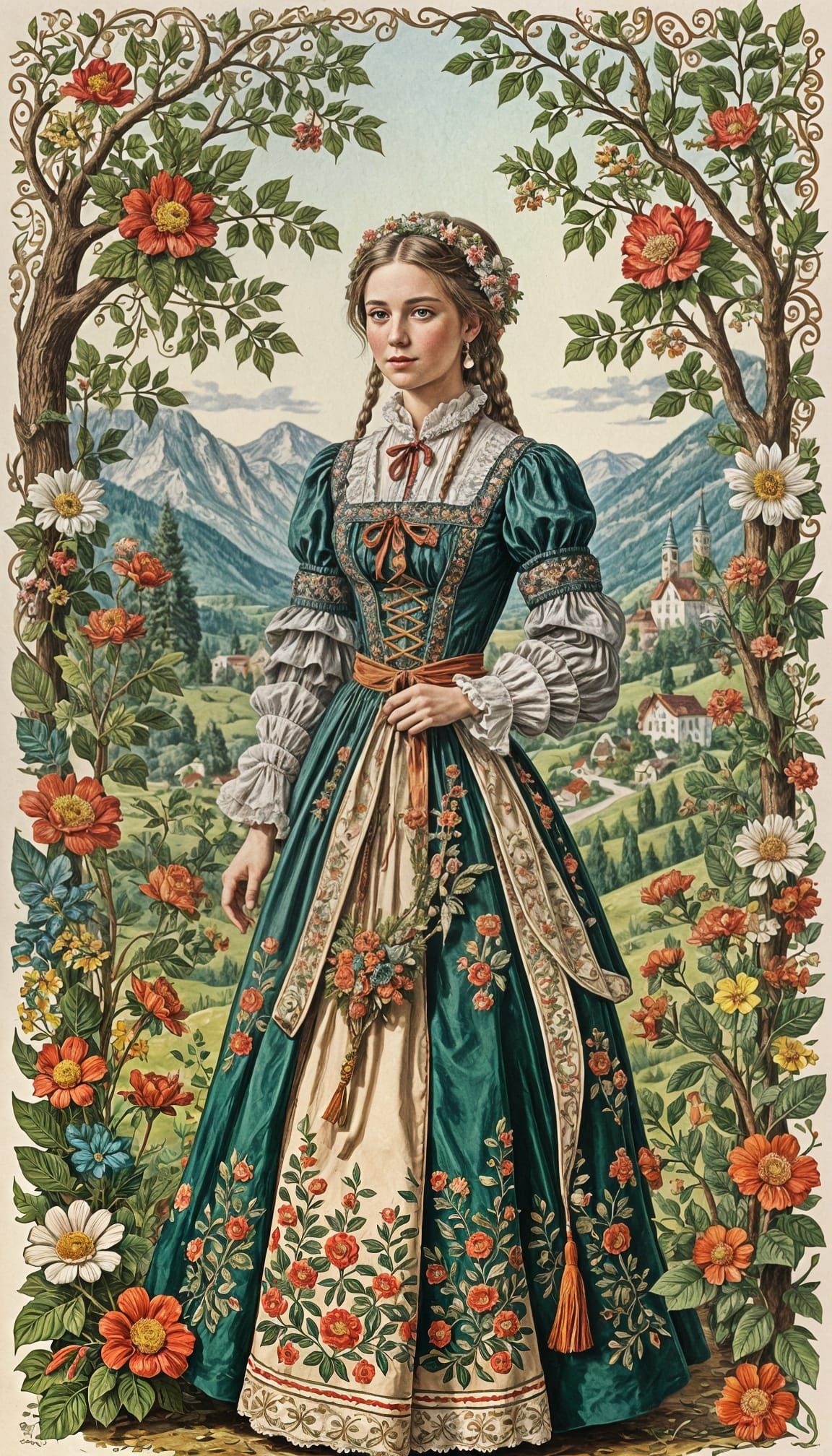 Austrian Woman in Traditional Folk Outfit Illustration