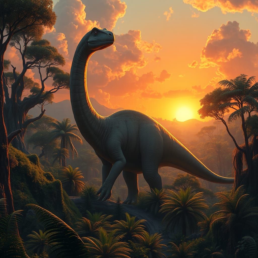 Prehistoric Apatosaurus in Lush Forest at Golden Sunset