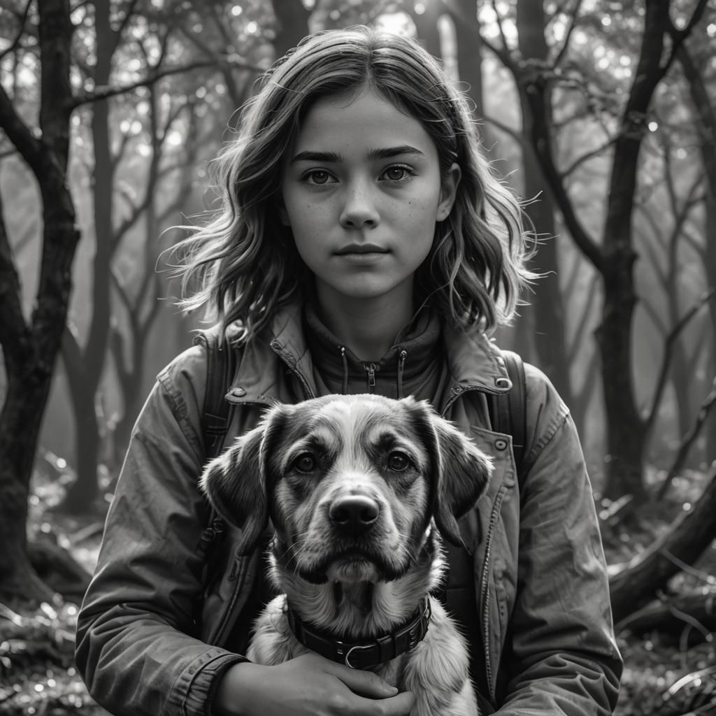Elegant Black and White Portrait of a Girl and Her Loyal Com...