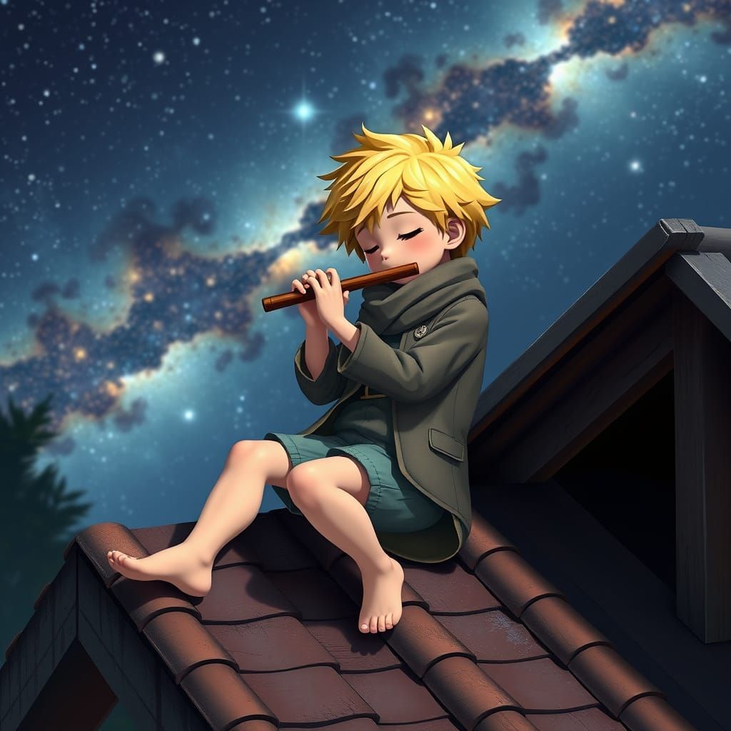 Blond Boy Leans on Eaves, Playing Flute Under Milky Way