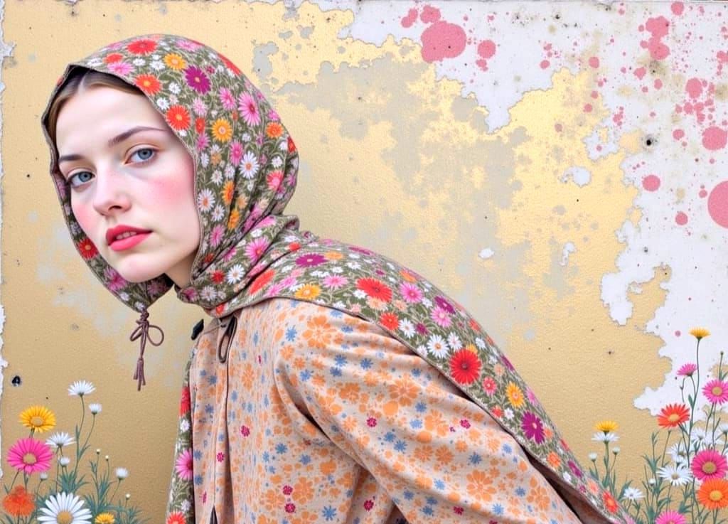 Woman with Floral Background in Klimt-Inspired Style