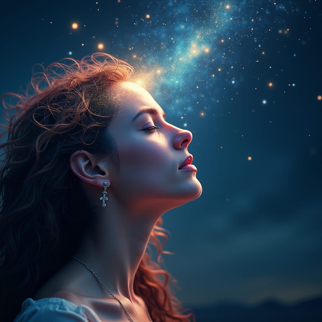 Woman in Spiritual Communion with the Starry Sky in Ethereal...
