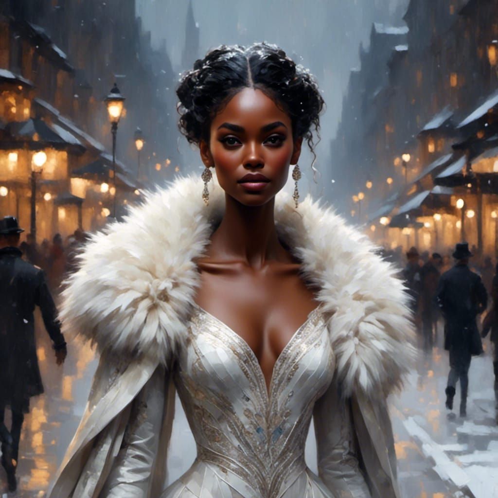Stunning African American Woman in Snowy Night Portrait
