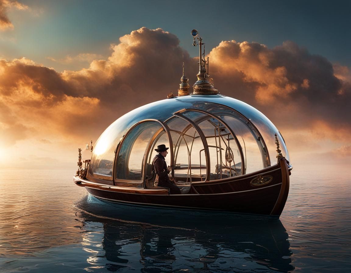 Steampunk Boat in a Dewdrop of Blue on a Futuristic Ocean