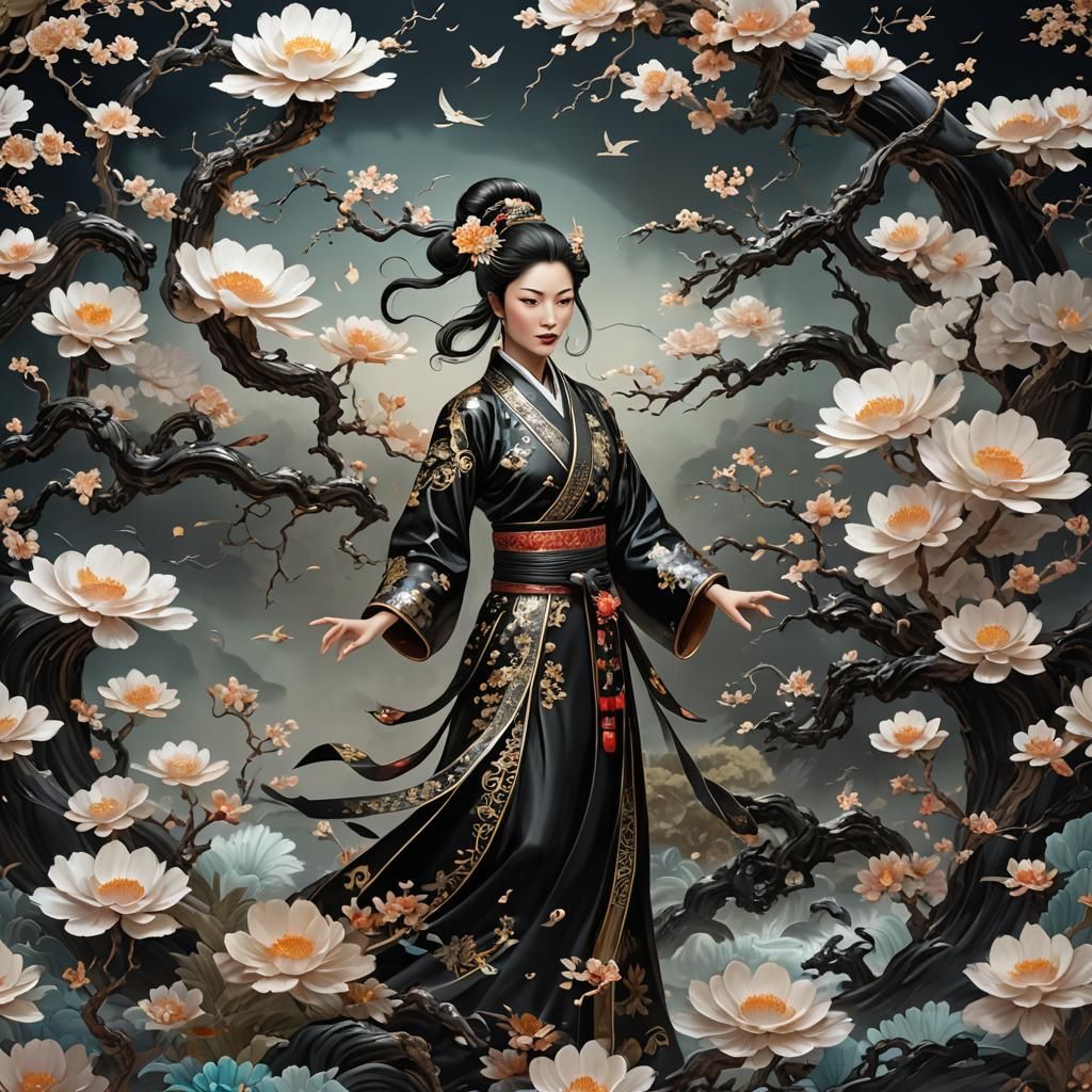 Exotic Asian Warrior in Elegant Black Lacquer and Mother of....