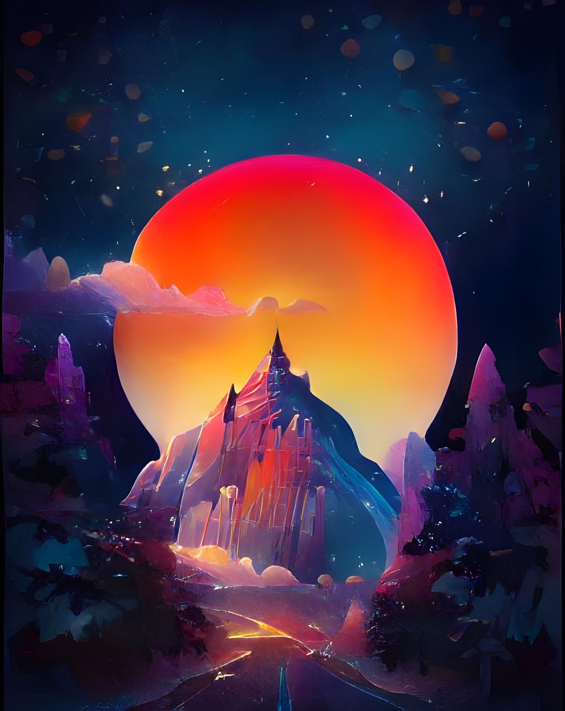 Hyperrealistic Castle at Sundown in a Mandala-Inspired Setti...