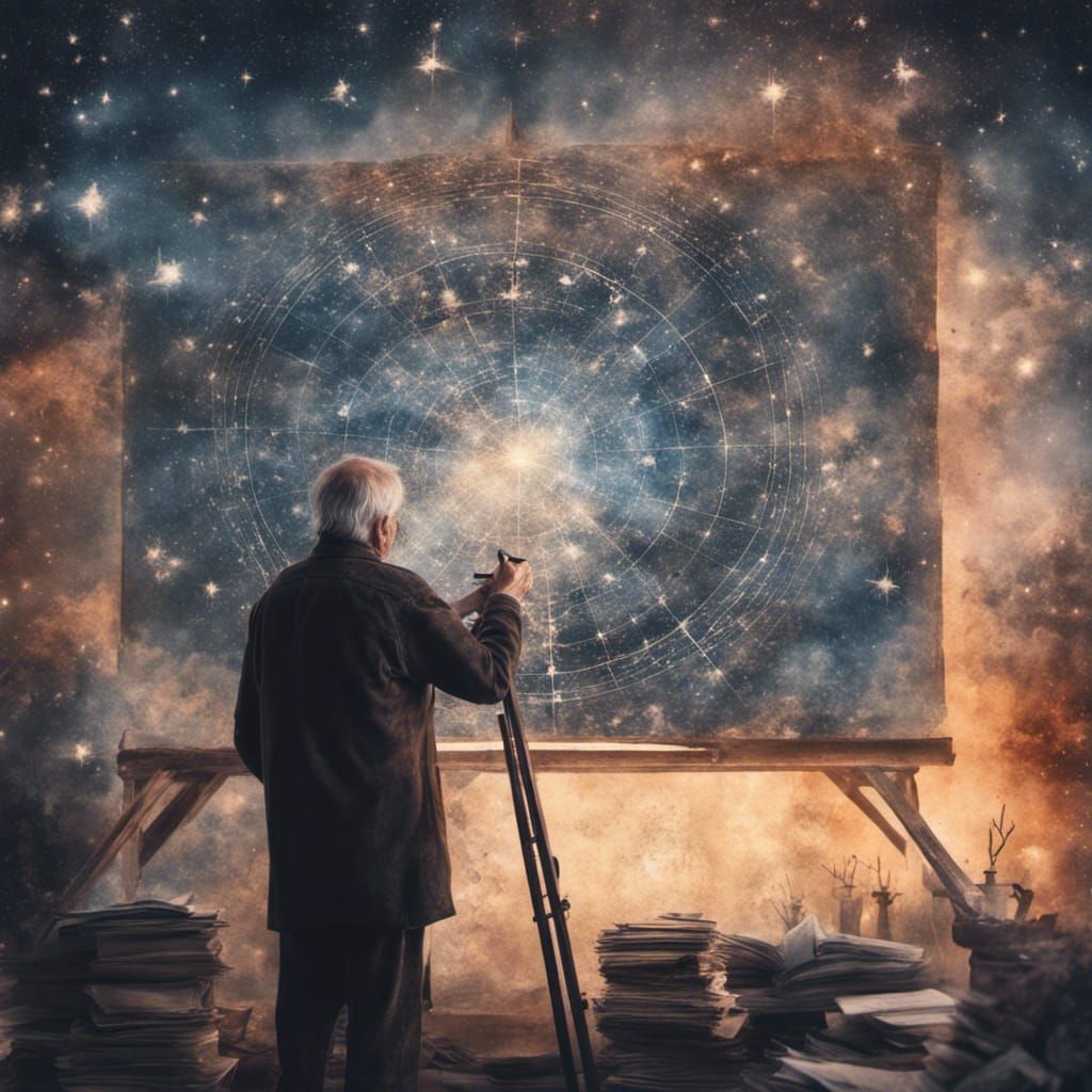 Old Man's Celestial Tapestry in Watercolor Style