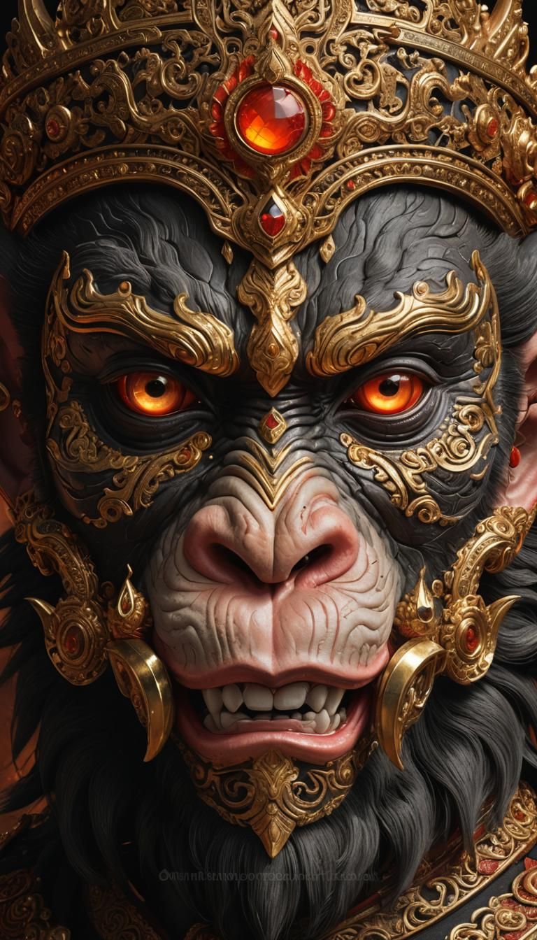Hanuman, the Golden Monkey God, in Vibrant Thai-Inspired Art