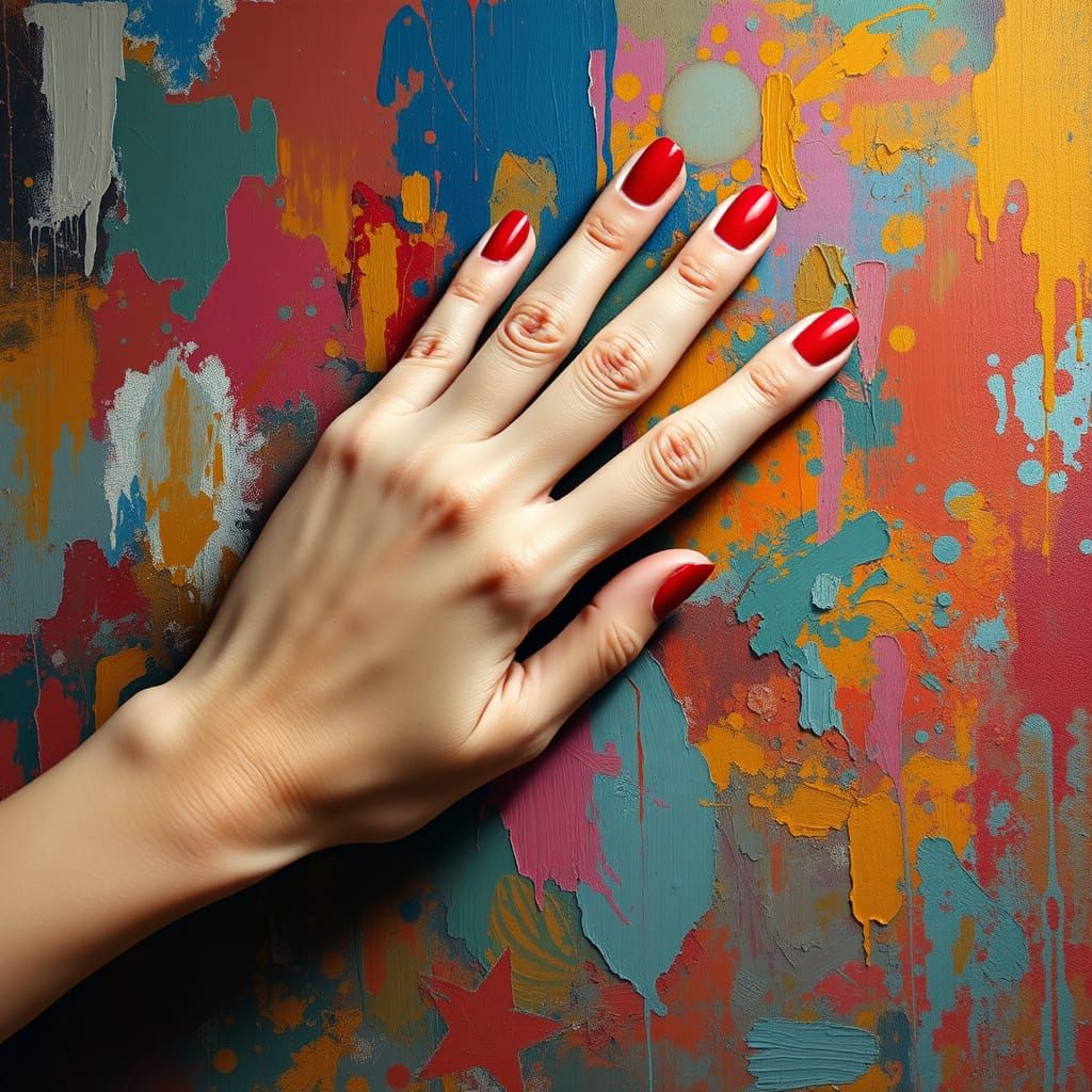 Elegant Hand on Vibrant Oil Painting Canvas