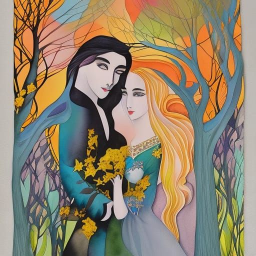 Watercolor portrait, fairy tale couple  in an enchanted fore...