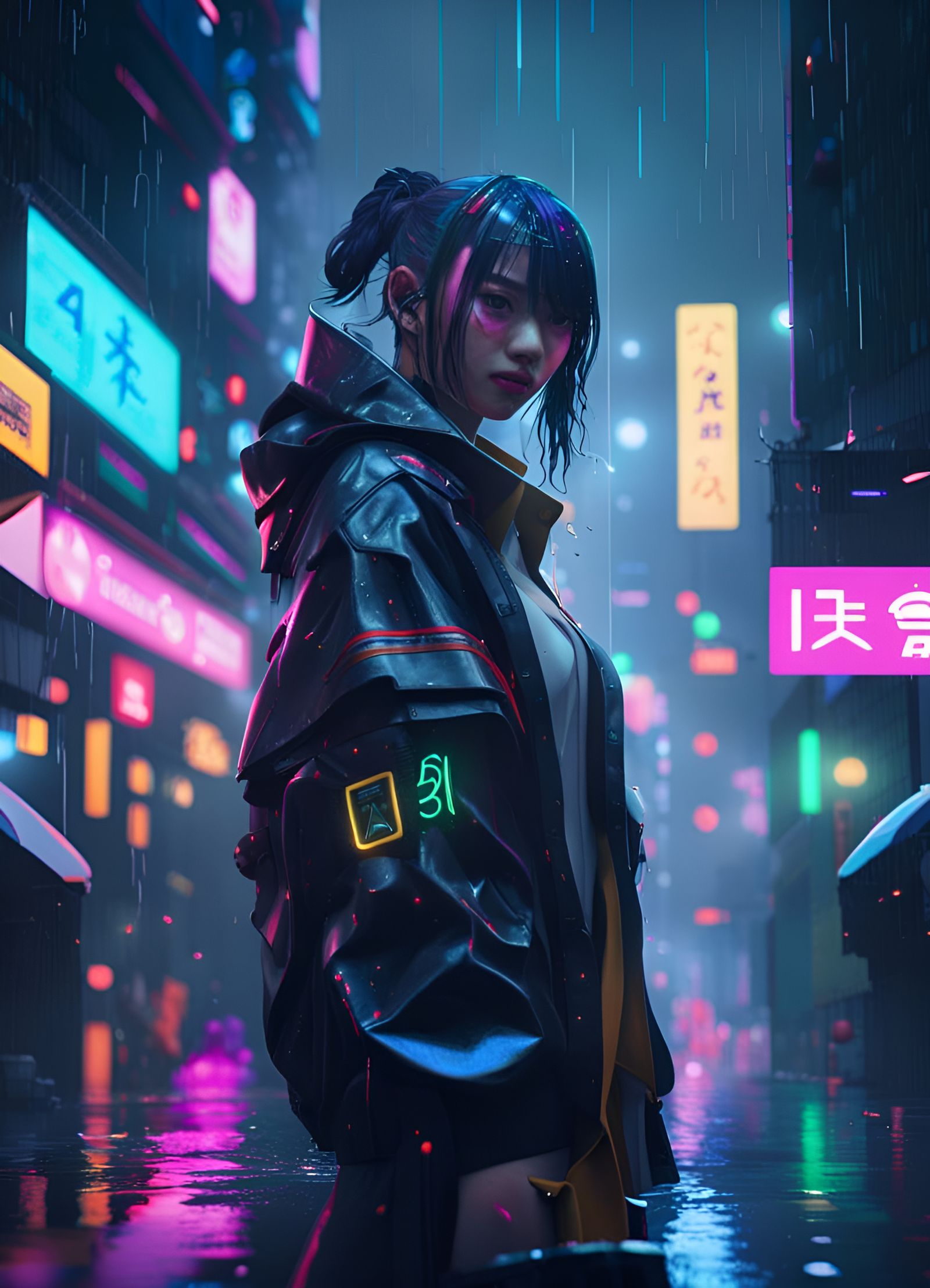 Dark Tokyo Cityscape Illuminated Under Triple-Threat Rainsto...