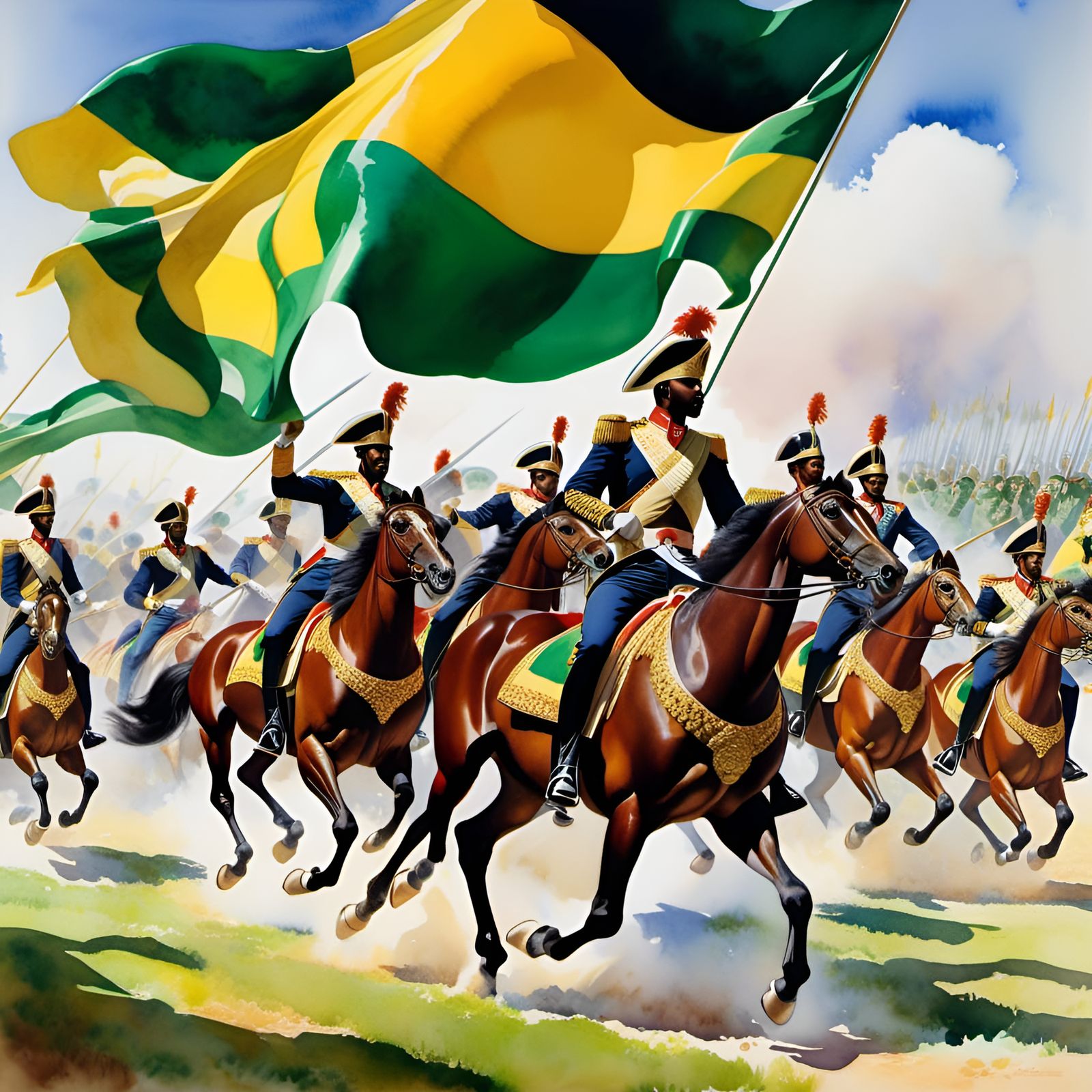 Epic Jamaican Cavalry Battle in Vibrant Watercolor