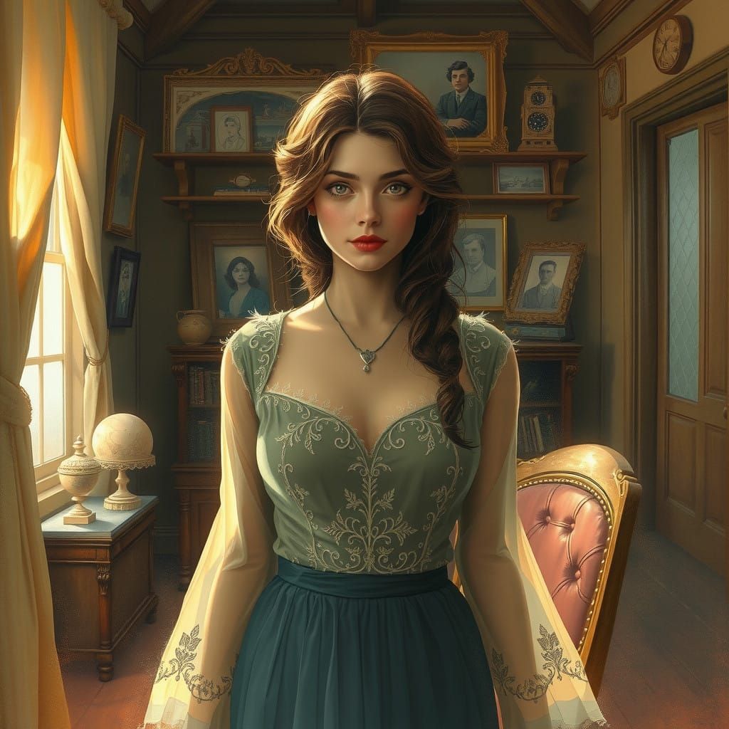 A Woman Surrounded by Forgotten Heirlooms in a Golden Light