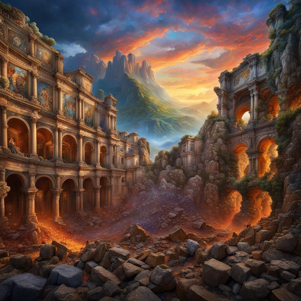 Vibrant Roman Mural Unravels into Ancient Ruins in Detailed....