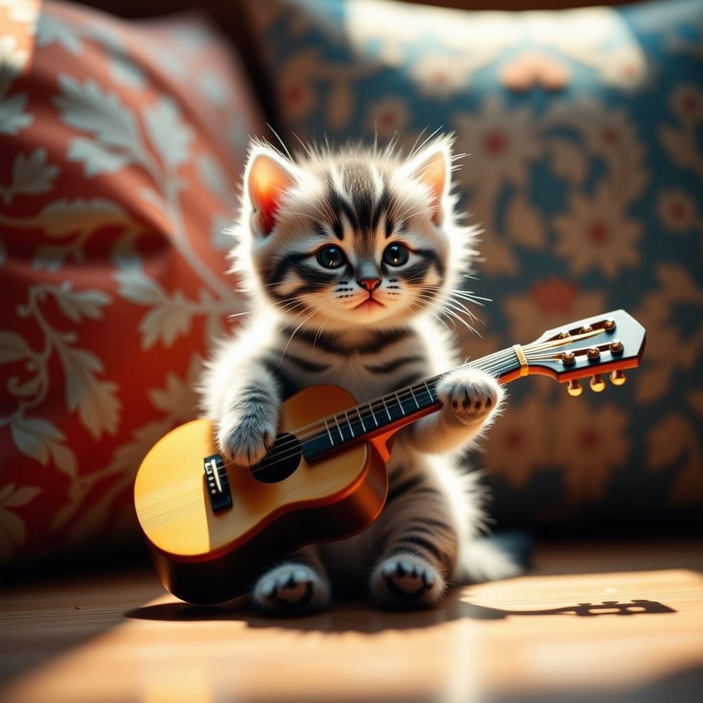 Whimsical Kitten Plays Guitar in Cozy Room