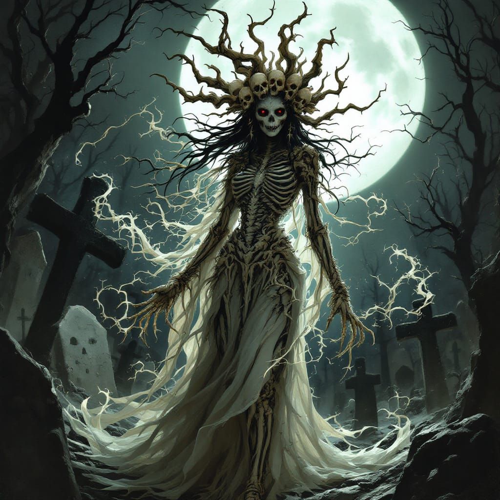 The Bone Witch in a Moonlit Graveyard