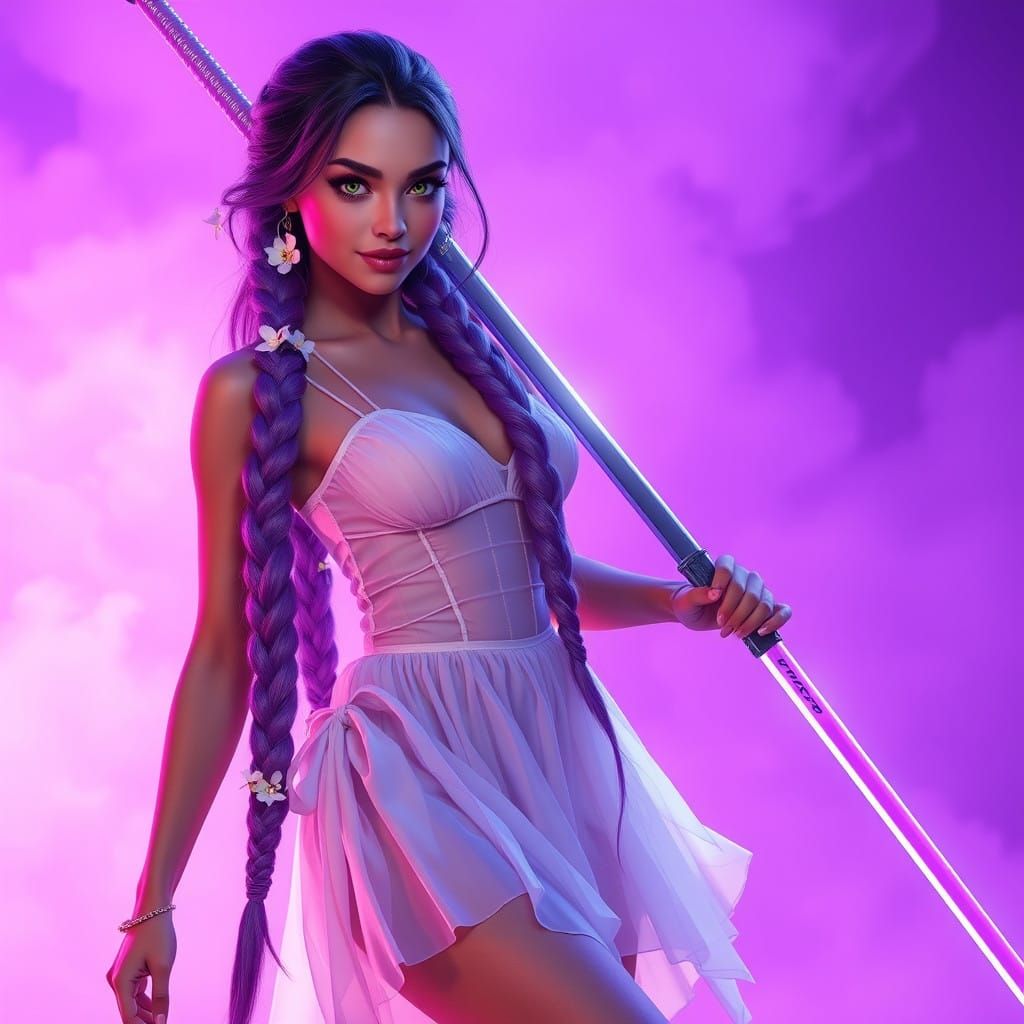 Elegant Fantasy Warrior in Neon Purple Hues
