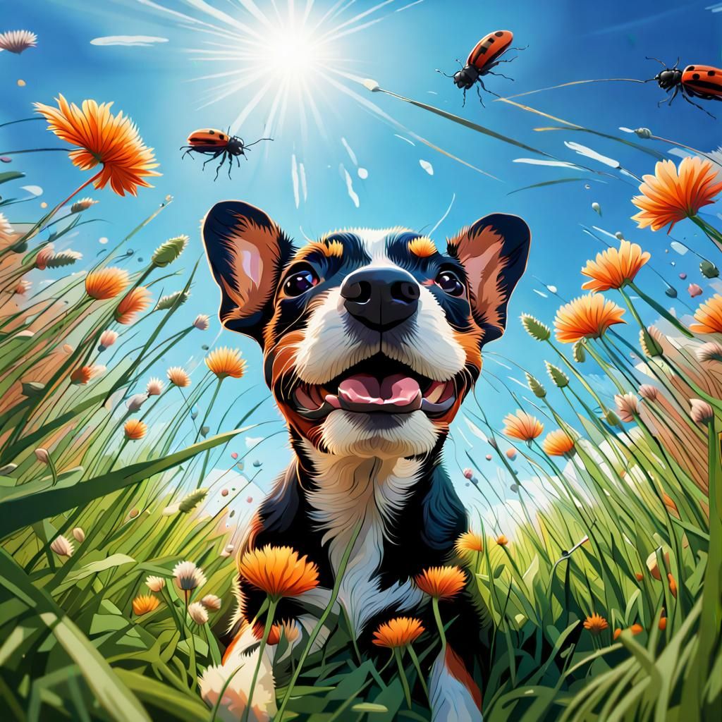 View from bottom up towards the sky into the face of a small, curious dog,