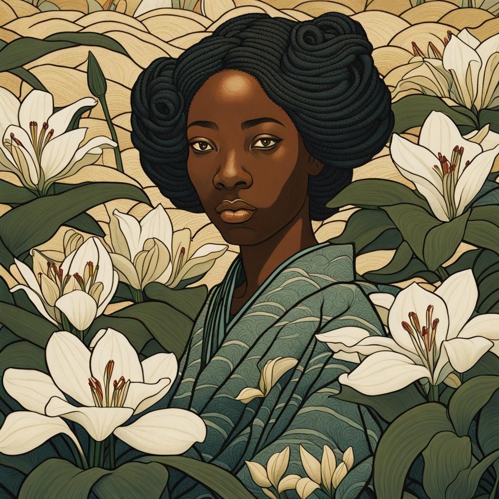 Black Woman Surrounded by Lilies in Ukiyo-e Style with Soft...