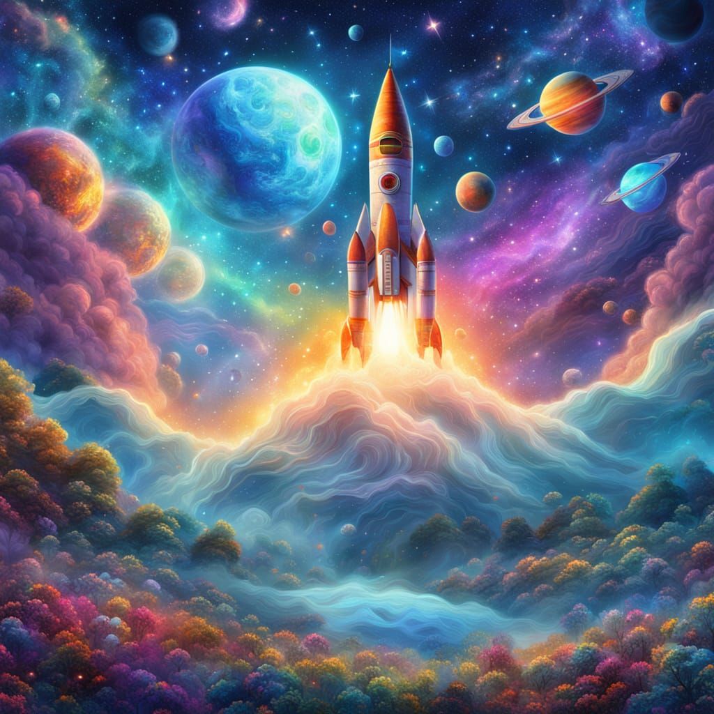 Rocket Launching into Astral Sky: Cosmic Illustration