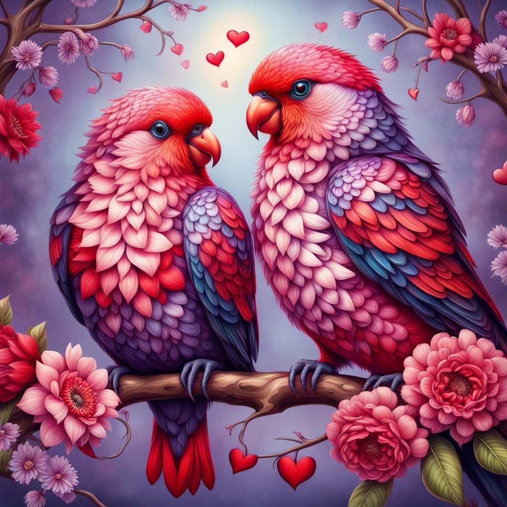 Ethereal Lovebirds Perch Amidst Vibrant Blooms in Detailed,....