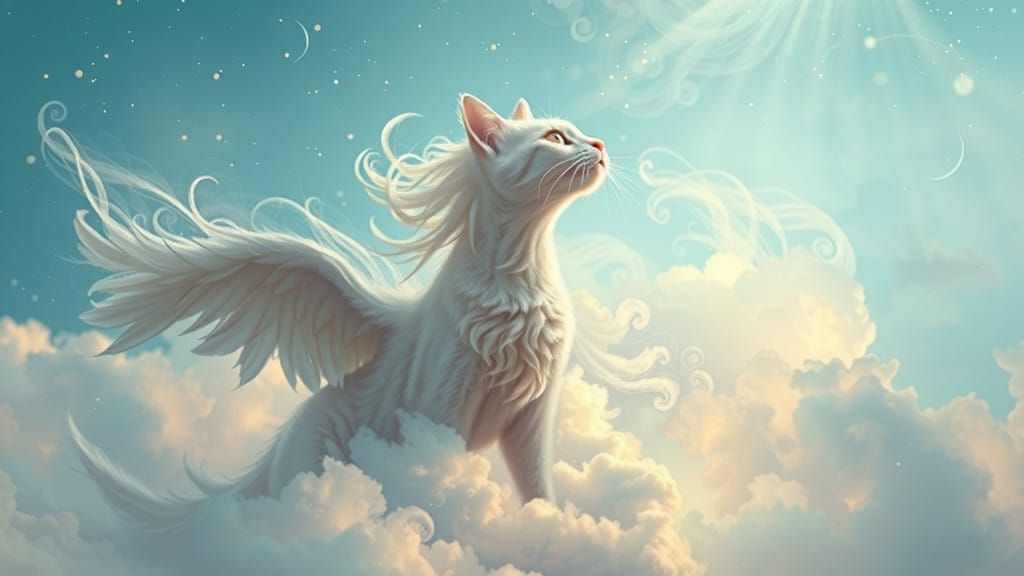 Surreal Cat with Angel Wings Soars Through Dreamy Skies