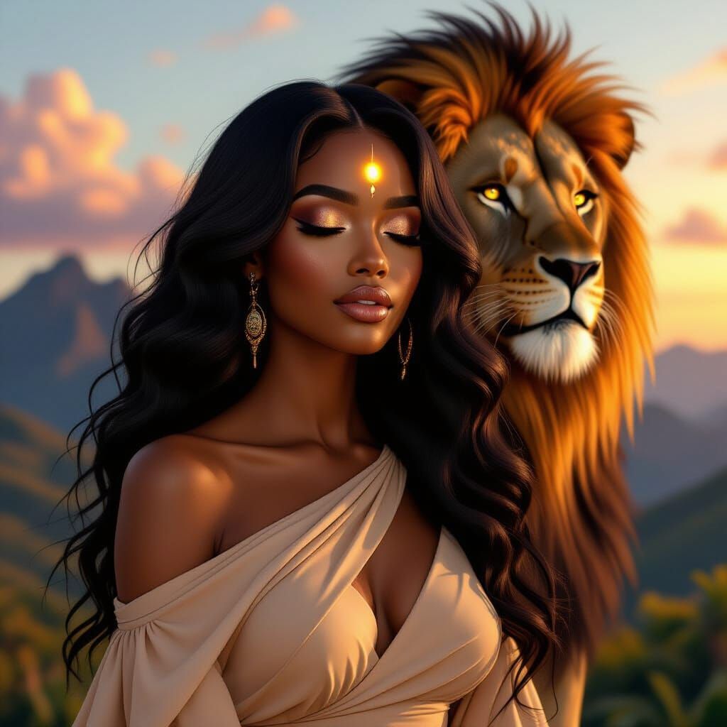 Black Woman and Lion in Golden Hour Lighting