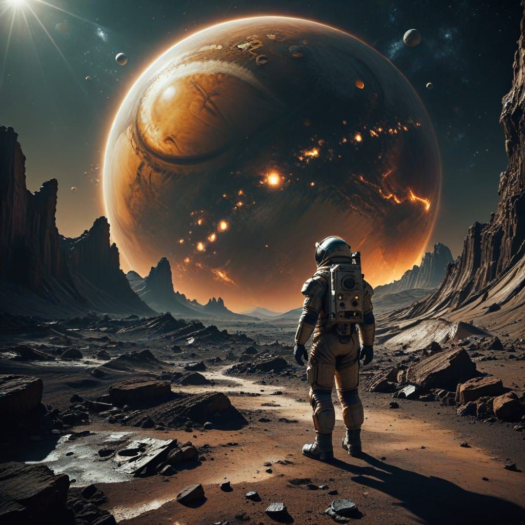 Astronaut Gazes at Ringed Giant on Alien World
