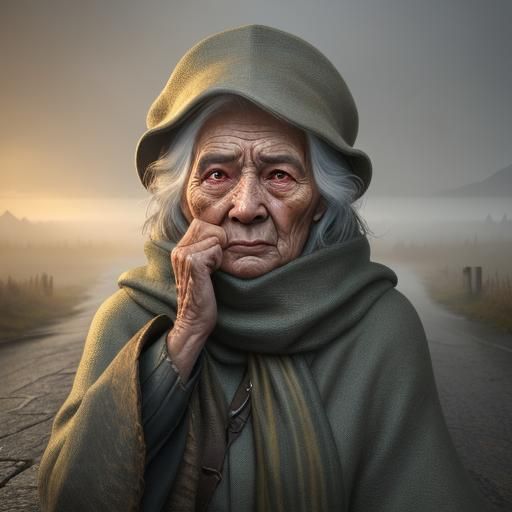 Surrealist Painting of Old Woman in Misty Road