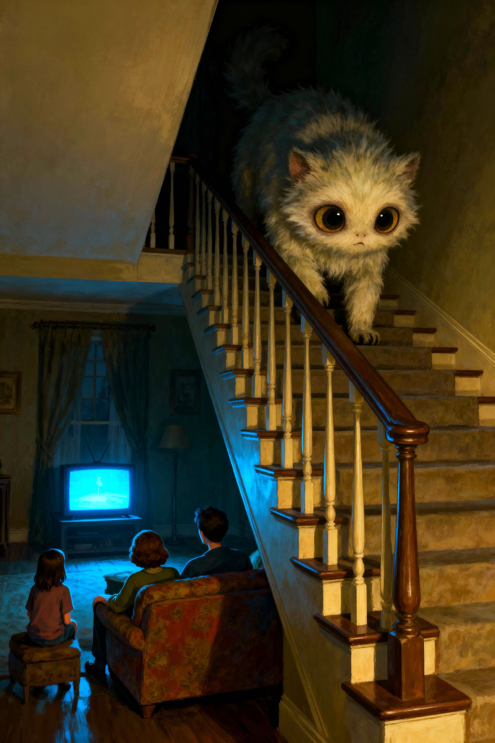 Momo Creature Descends Stairs Towards Couch Watchers