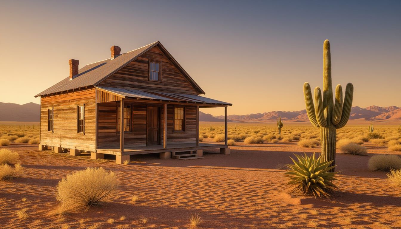 Ancient Farmhouse in Vast Desert Landscape, Neo-Impressionis...