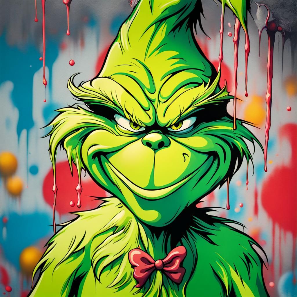 Vibrant Urban Artwork Depicting the Grinch in High-Contrast...