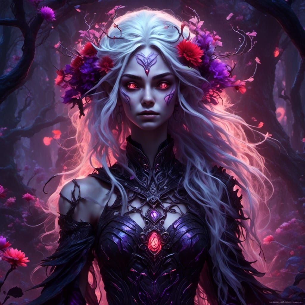 Dark Fantasy Elven Goddess in Eerie Forest Glade