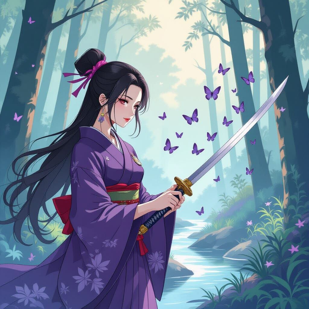 Graceful Demon Slayer Breathes Butterflies in Ukiyo-e Style