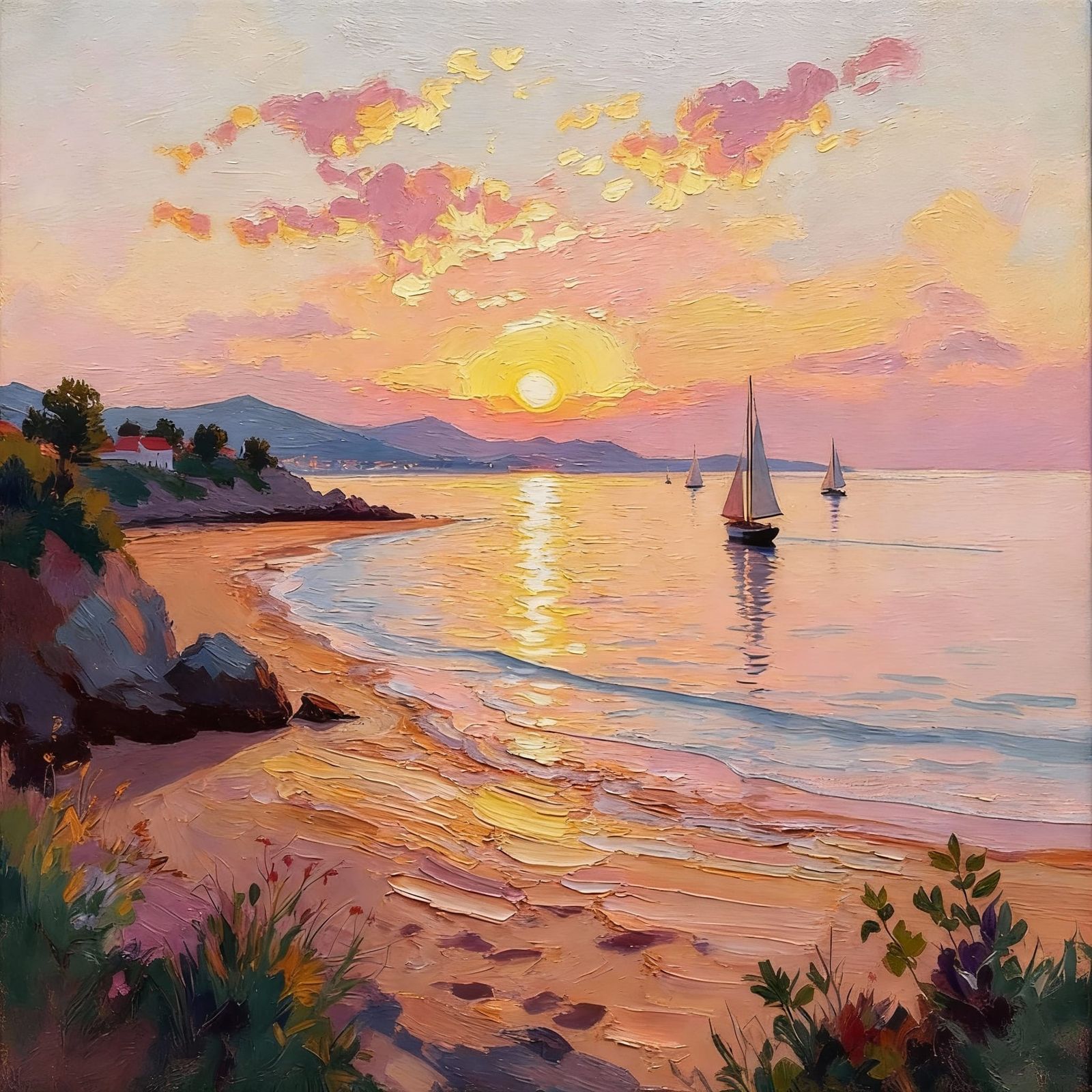 Seaside Dawn Overlooking Bay in Monet Impressionist Style