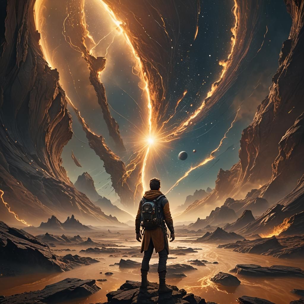 Adventurer at the Edge of a Cosmic Rift in a Vibrant, Golden...