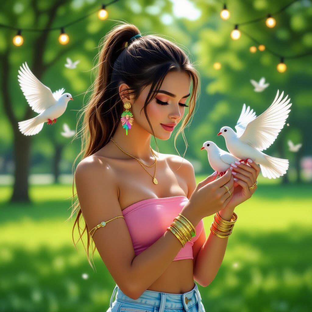 Woman Feeding Doves in Park with Glowing Lights