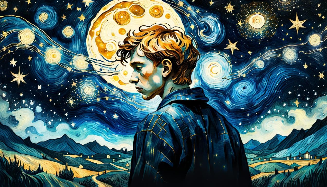 Surreal Starry Night Scene with a Young Boy in Wonder