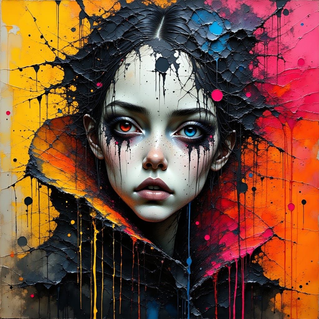 Expressionist Portrait of Mysterious Figure in Neon Splatter...