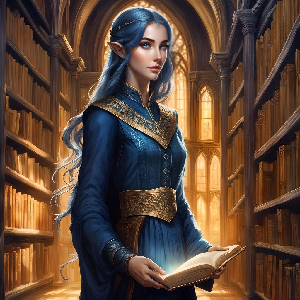 Enchanting Elven Librarian in Soothing Blue